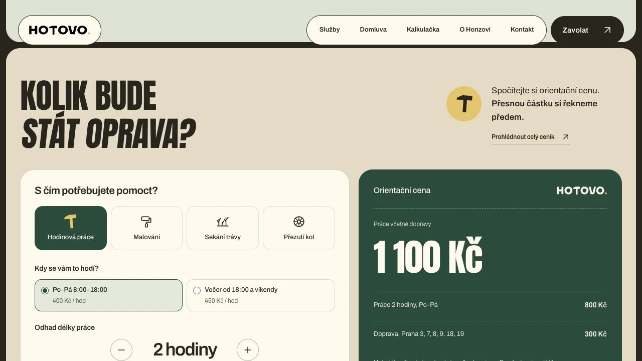 Skutečná kalkulačka práce a dopravy na webu HOTOVO