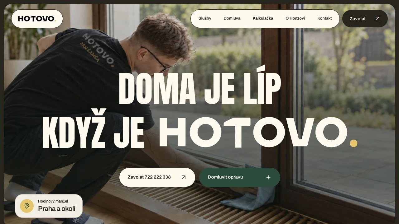 Nový web HOTOVO Jana Šamši s výraznou typografií a fotografií řemeslníka při práci